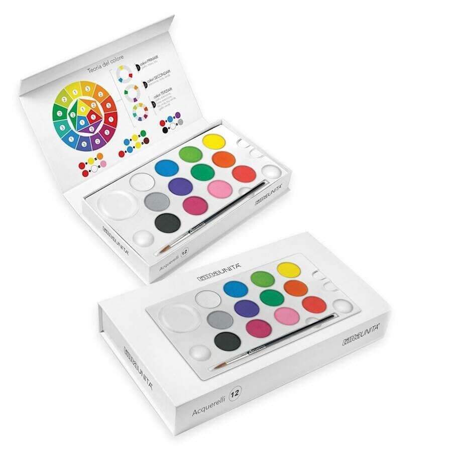 Acquerelli da 12 colori in scatola con chiusura magnetica e Pennello Tinta Unita