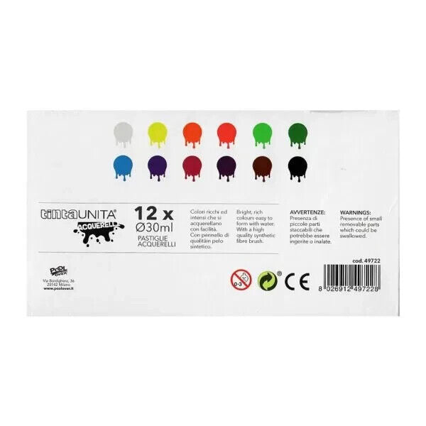Acquerelli da 12 colori in scatola con chiusura magnetica e Pennello Tinta Unita