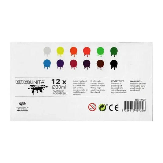Acquerelli da 12 colori in scatola con chiusura magnetica e Pennello Tinta Unita