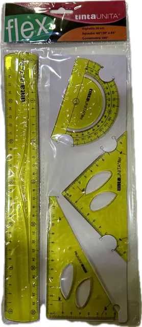 Kit FLEXI FLESSIBILE Riga 30cm + 2 squadre 45°/60° + Goniometro 180° TINTA UNITA
