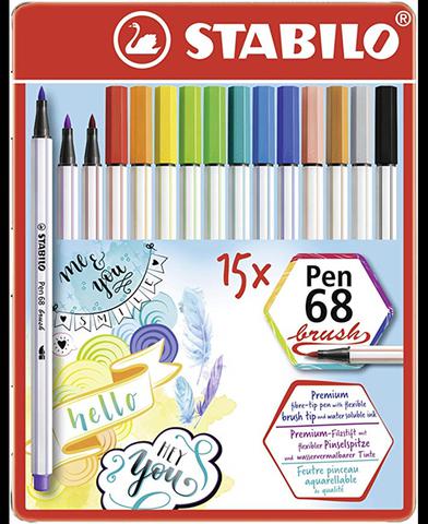 Scatola Metallo 15 Penne Stabilo Pen 68 Brush - Pennarelli Artistici