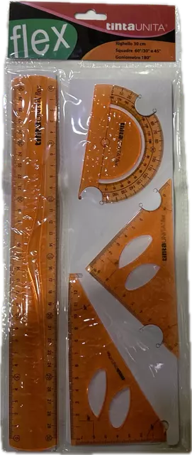 Kit FLEXI FLESSIBILE Riga 30cm + 2 squadre 45°/60° + Goniometro 180° TINTA UNITA